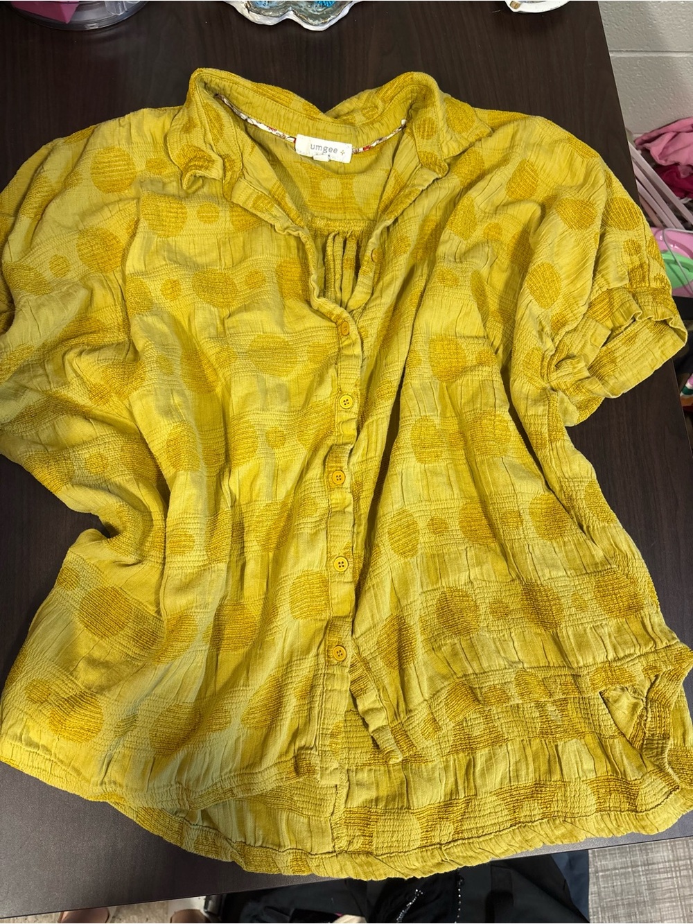 Umgee Mustard Dot-Textured Button Front Short Sleeve Blouse
